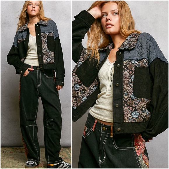 POL Floral Print Quilted Corduroy Button Down Loose Fit Jacket Coat - Picture 1 of 5